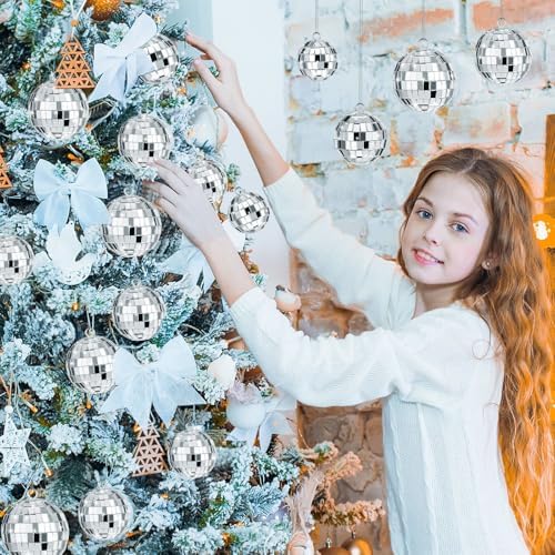 JOERSH 20 Pcs Silver Hanging Mirror Disco Balls with Rope