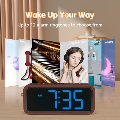 Netzu Wooden Alarm Clock with 12 Ringtones and 5 Volume Levels