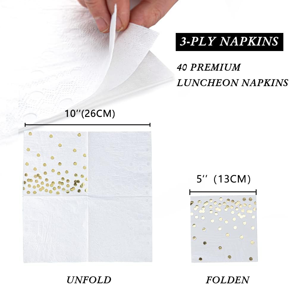 40 Pack White Paper Cocktail Napkins with Gold Foil Polka Dots