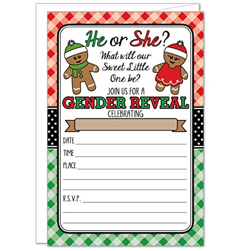 20 Christmas Gingerbread Gender Reveal Invitations with Envelopes
