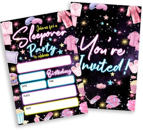 Neon Themed Sleepover Party Invitations with Envelopes