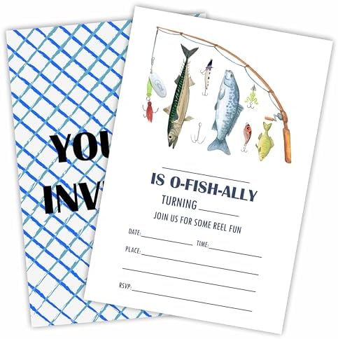 20 Fishing Birthday Invitations with Adhesive Envelopes
