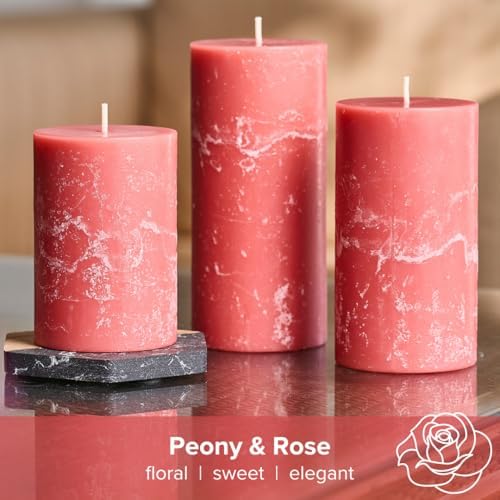 Simply Soson 3x6 Inch Pink Rustic Peony and Rose Pillar Candle - 3 Pack