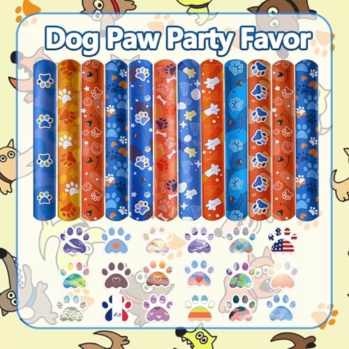 74PCS Dog Paw Party Favor Set with Slap Bracelets and Stickers