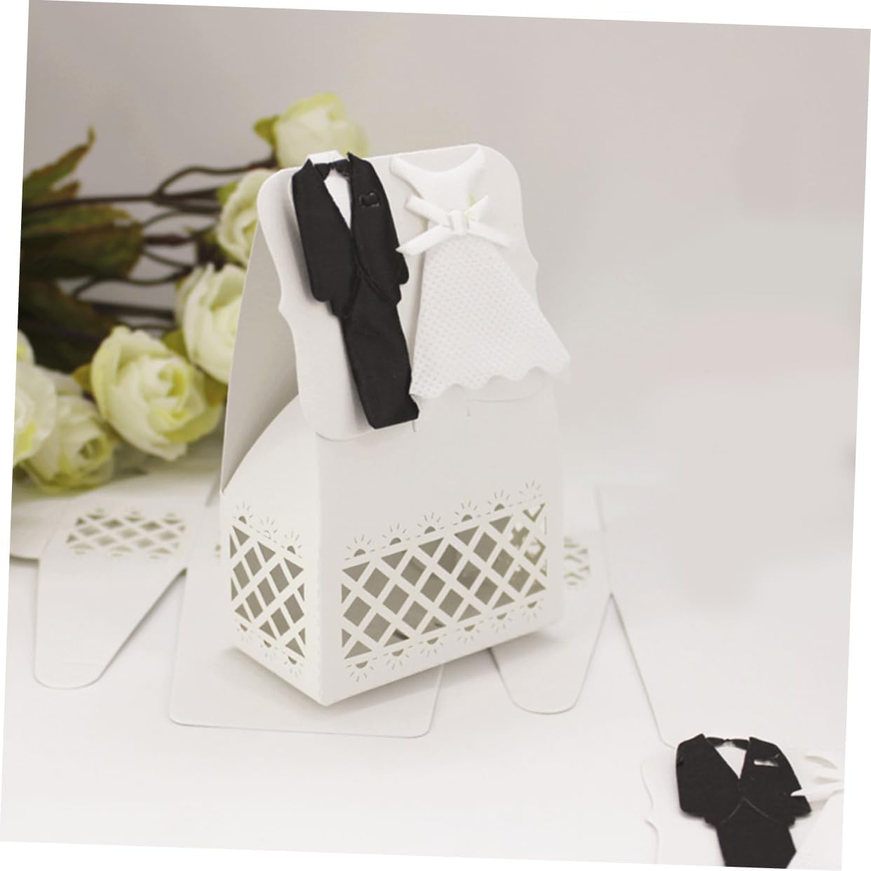Cabilock 12pcs Hollow Wedding Favor Boxes with Bride Groom Tuxedo Dress Design