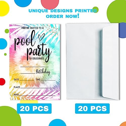 Pool Party Birthday Invitations with 20 Envelopes