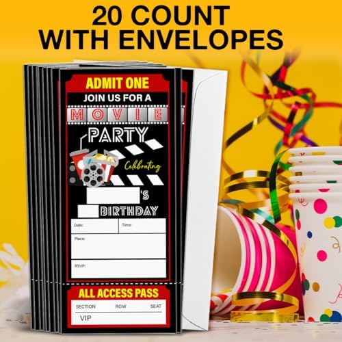 Movie Night Ticket Party Invitations Set of 20 with Envelopes