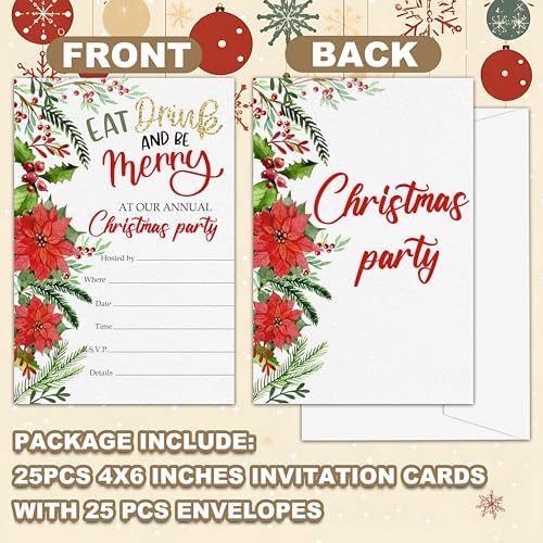 Christmas Party Invitations with Envelops - 25 Cards Set