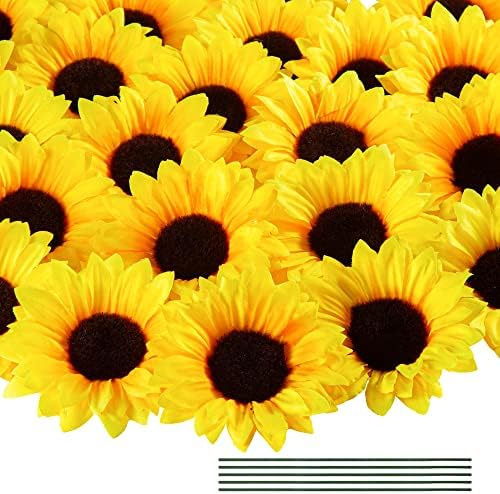 40pcs Fake Sunflower Heads with Stems for DIY Decor
