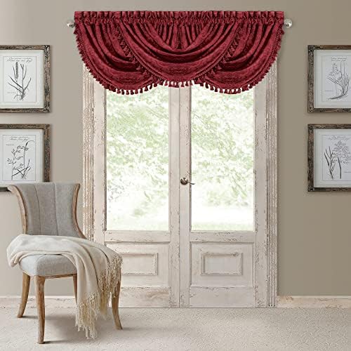 Elrene Antonia Floral Damask Window Valance with Tassels 52x36 Rouge