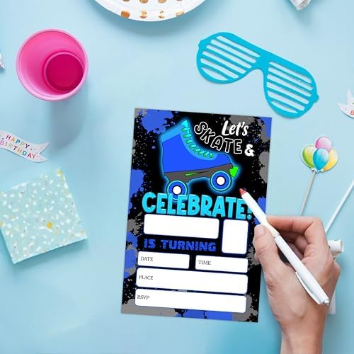 ONDTON Blue Roller Skating Birthday Invitations With Envelopes 20 Pack