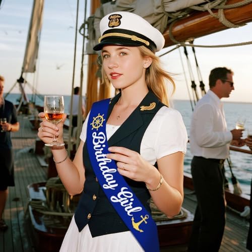 Nautical Birthday Girl Sash with Glitter Text