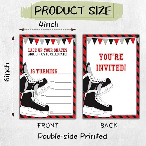 Hockey Themed Birthday Invites 4x6 with Envelopes 20 Pack