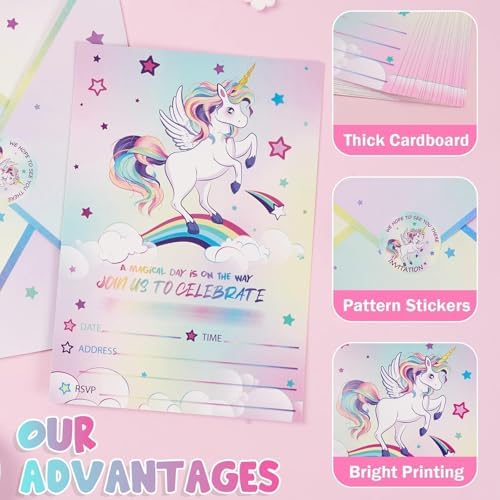 WERNNSAI 24PCS Unicorn Birthday Invites with Envelopes