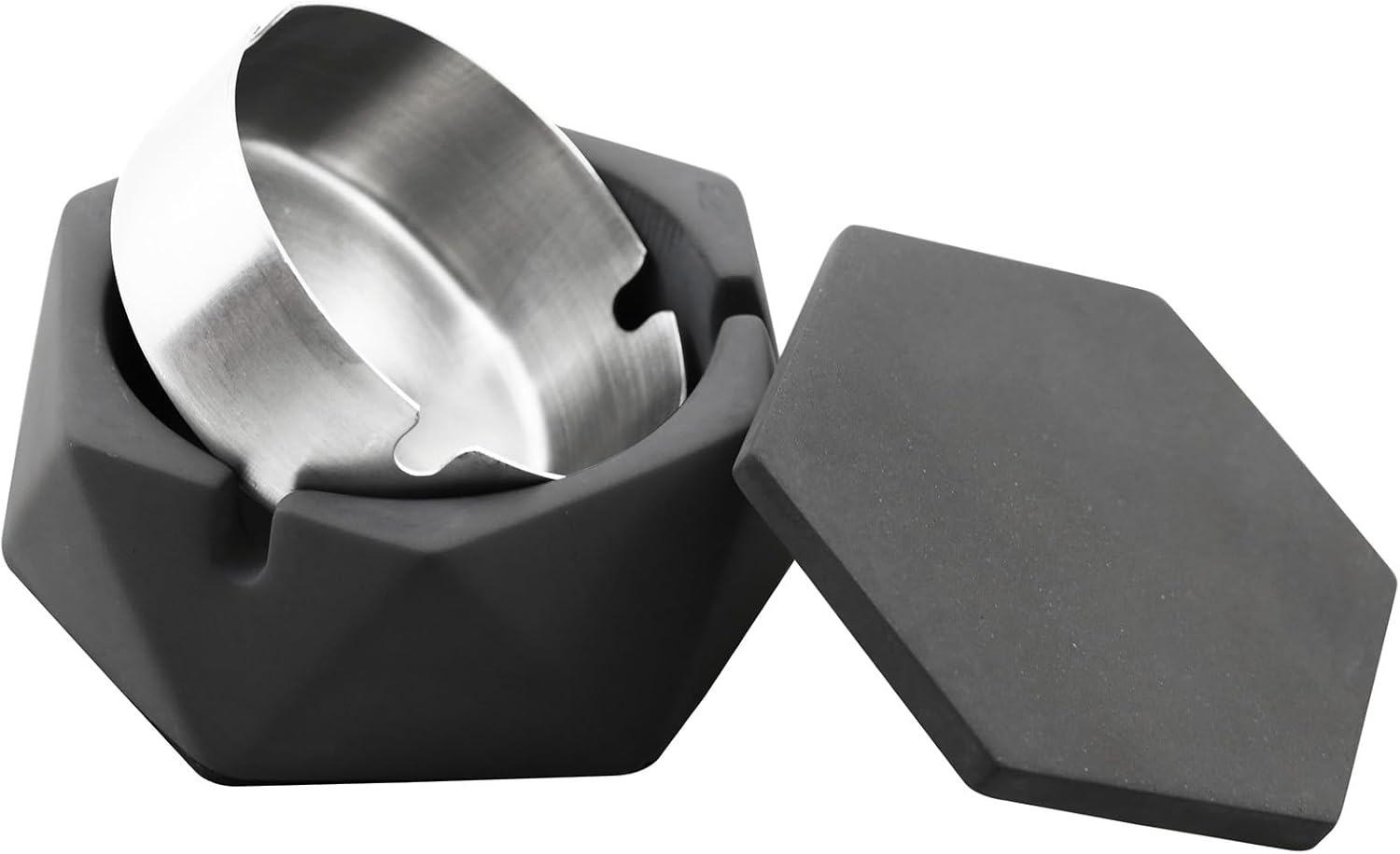 FREELOVE Concrete Ashtray with Lid and Stainless Steel Liner Dark Grey Small