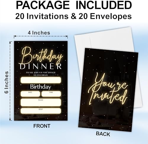 20 Birthday Invitations With Envelopes Glow Black Gold