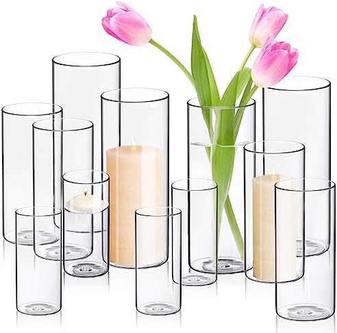 WDHODEC Cylinder Flower Vases 12PCS Hurricane Candle Holders Clear Glass Vase Set