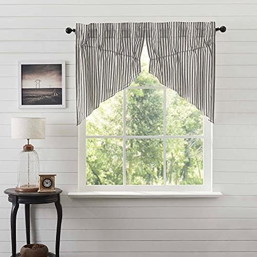 VHC Brands Ashmont Grey Ticking Stripe Farmhouse Prairie Swag Curtain Set