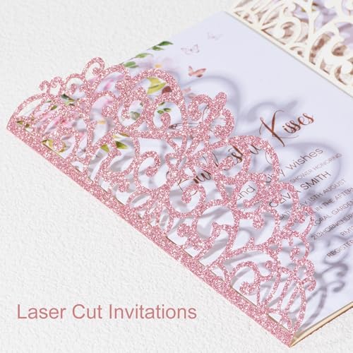 25pcs Pink Glitter Laser Cut Wedding Invitation Kit with Envelopes and RSVP Cards