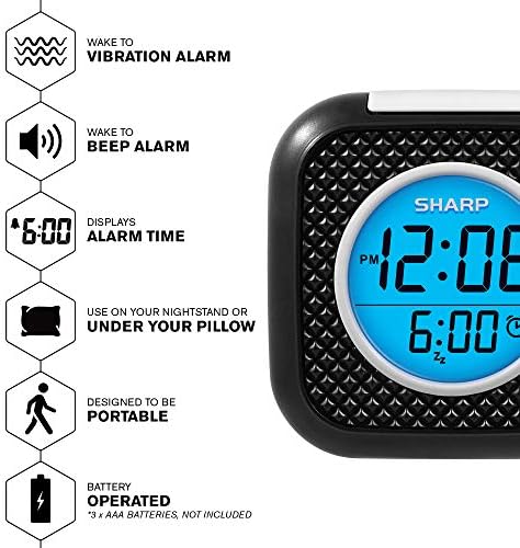 Sharp Pillow Personal Alarm Clock Vibration or Beep Alarm Black
