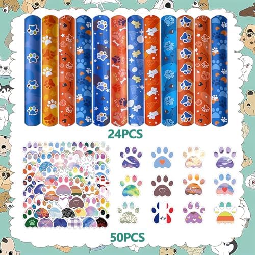 74PCS Dog Paw Party Favor Set with Slap Bracelets and Stickers