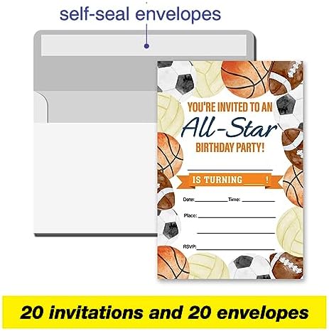 VAHATAN Sports Birthday Invites 20-Pack with Envelopes