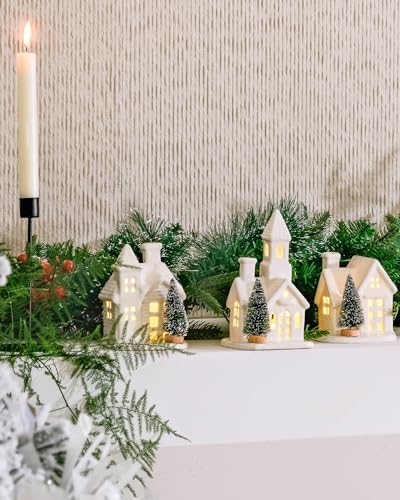 DN DECONATION 3Pcs Lighted White Christmas Ceramic Houses Village Set