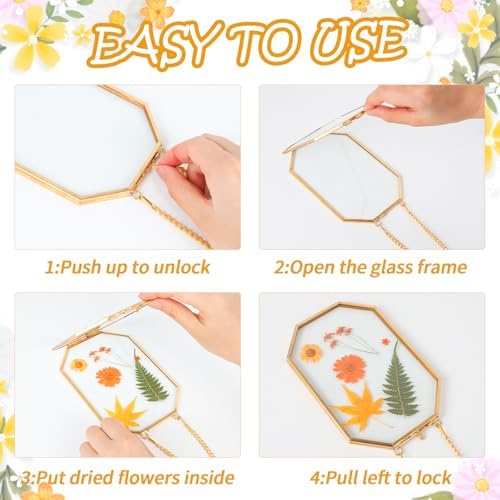 Hanging Pressed Flower Frame with Gold Brass Frame and Orange Dried Flowers