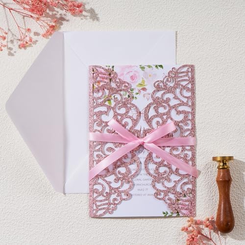 25pcs Pink Glitter Laser Cut Wedding Invitation Kit with Envelopes and RSVP Cards