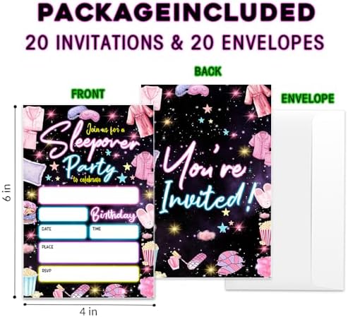 Neon Themed Sleepover Party Invitations with Envelopes
