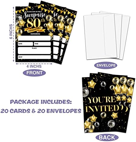 Surprise 80th Birthday Party Invitations Black Gold 20 Set