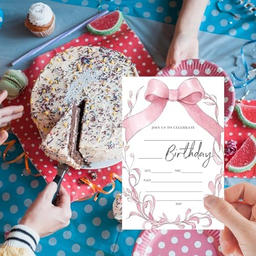 Pink Bow Birthday Invitations with Envelopes