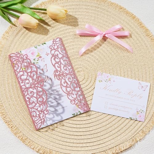 25pcs Pink Glitter Laser Cut Wedding Invitation Kit with Envelopes and RSVP Cards