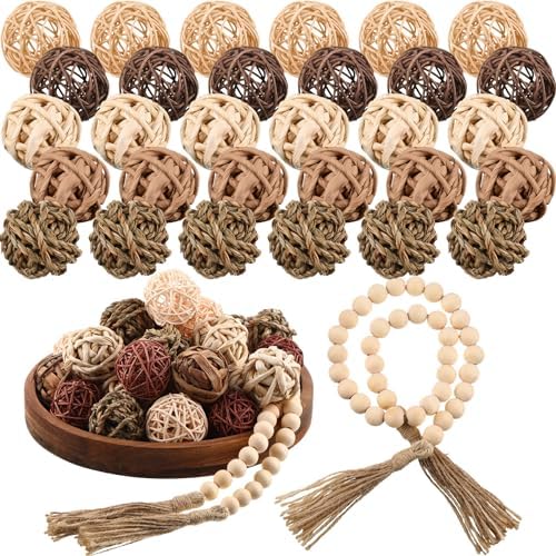 31 Pcs Wicker Rattan Decorative Balls with Wood Bead Garland
