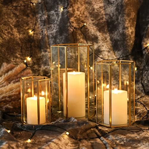 Glass Hurricane Candle Holder Set of 3 with Gold Frame
