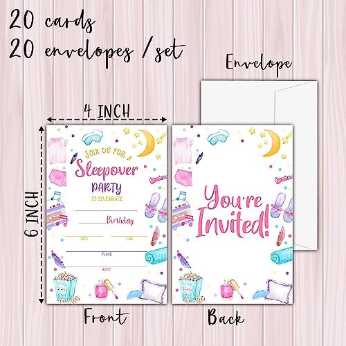 Sleepover Birthday Invitations 20 Sets with Envelopes