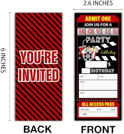 Movie Night Ticket Party Invitations Set of 20 with Envelopes
