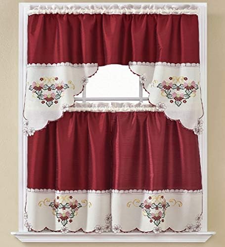 BH Home Natalia Floral Embroidered 3-Piece Kitchen Curtain Set