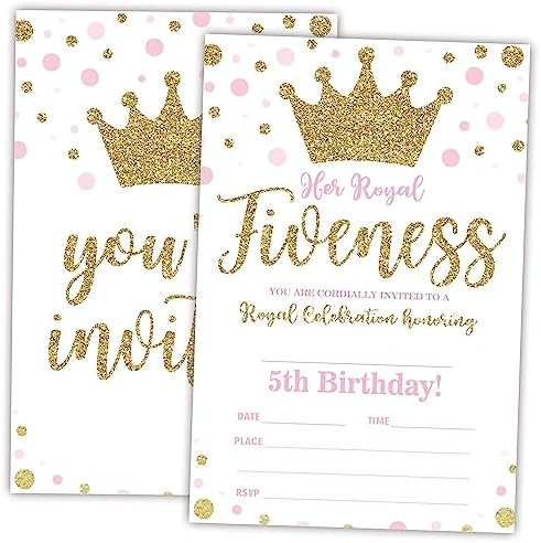 Royal Fifth Birthday Invitations Gold Crown Fill-In Cards 20 Pieces