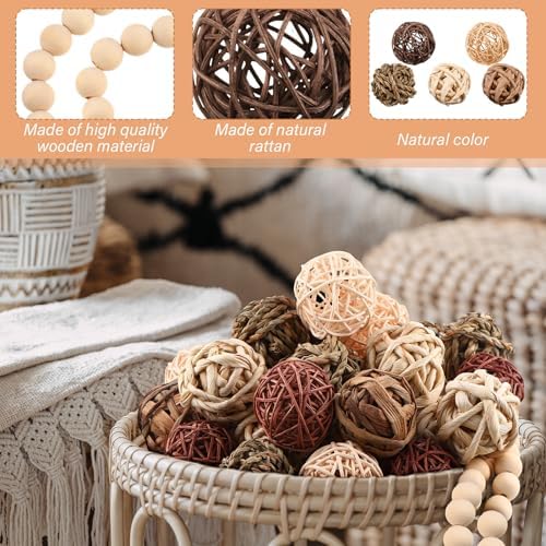 31 Pcs Wicker Rattan Decorative Balls with Wood Bead Garland