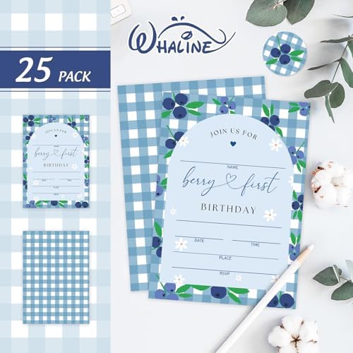 Whaline 25 Pack Blueberry Plaid Party Invitations