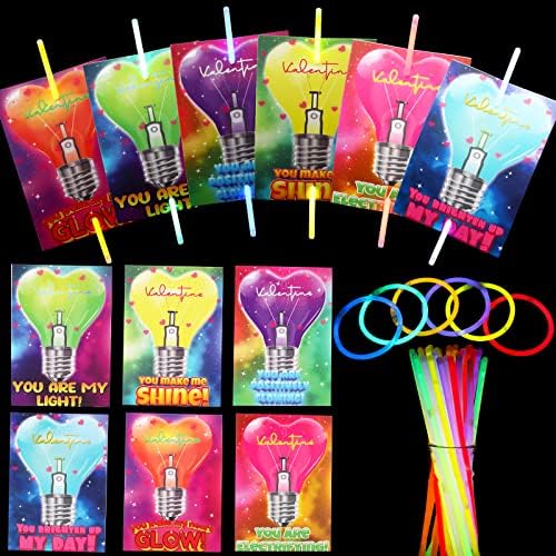 32 Pack Neon Valentines Day Gift Cards with Glow Sticks