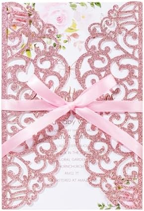 25pcs Pink Glitter Laser Cut Wedding Invitation Kit with Envelopes and RSVP Cards