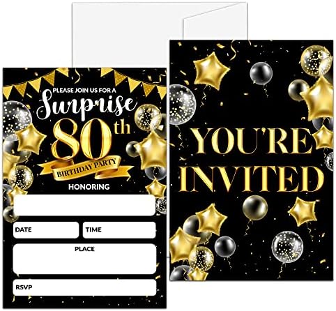 Surprise 80th Birthday Party Invitations Black Gold 20 Set