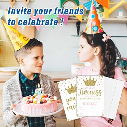 Royal Fifth Birthday Invitations Gold Crown Fill-In Cards 20 Pieces