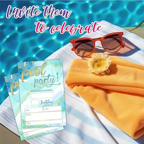 Pool Party Birthday Invitations 4x6 Gold Blue Double Sided