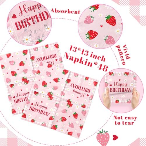 48Pcs Strawberry Birthday Napkins Decorations