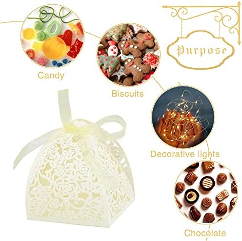 Laser Cut Rose Candy Boxes 70Pcs Beige Wedding Favor