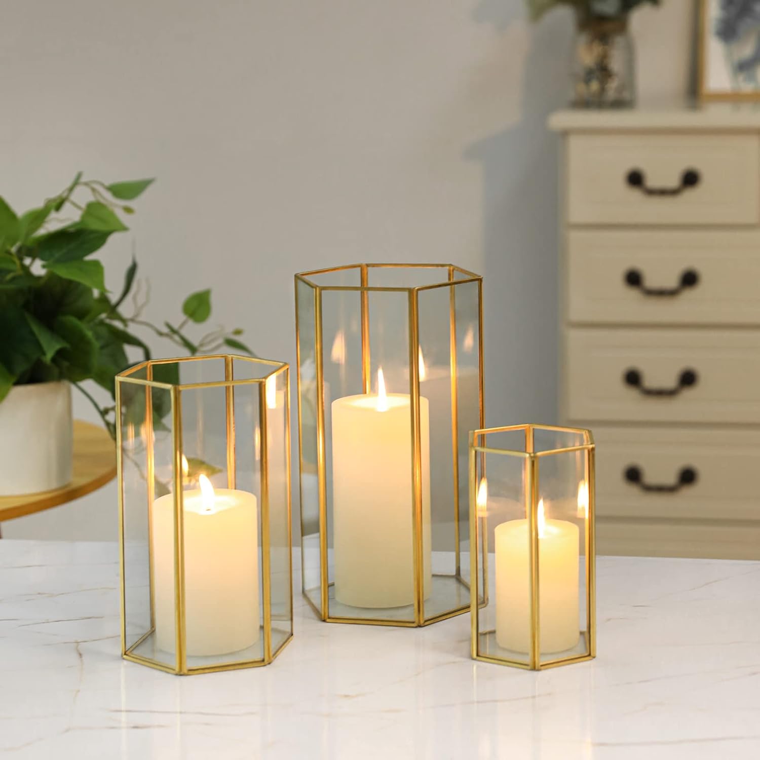 Glass Hurricane Candle Holder Set of 3 with Gold Frame