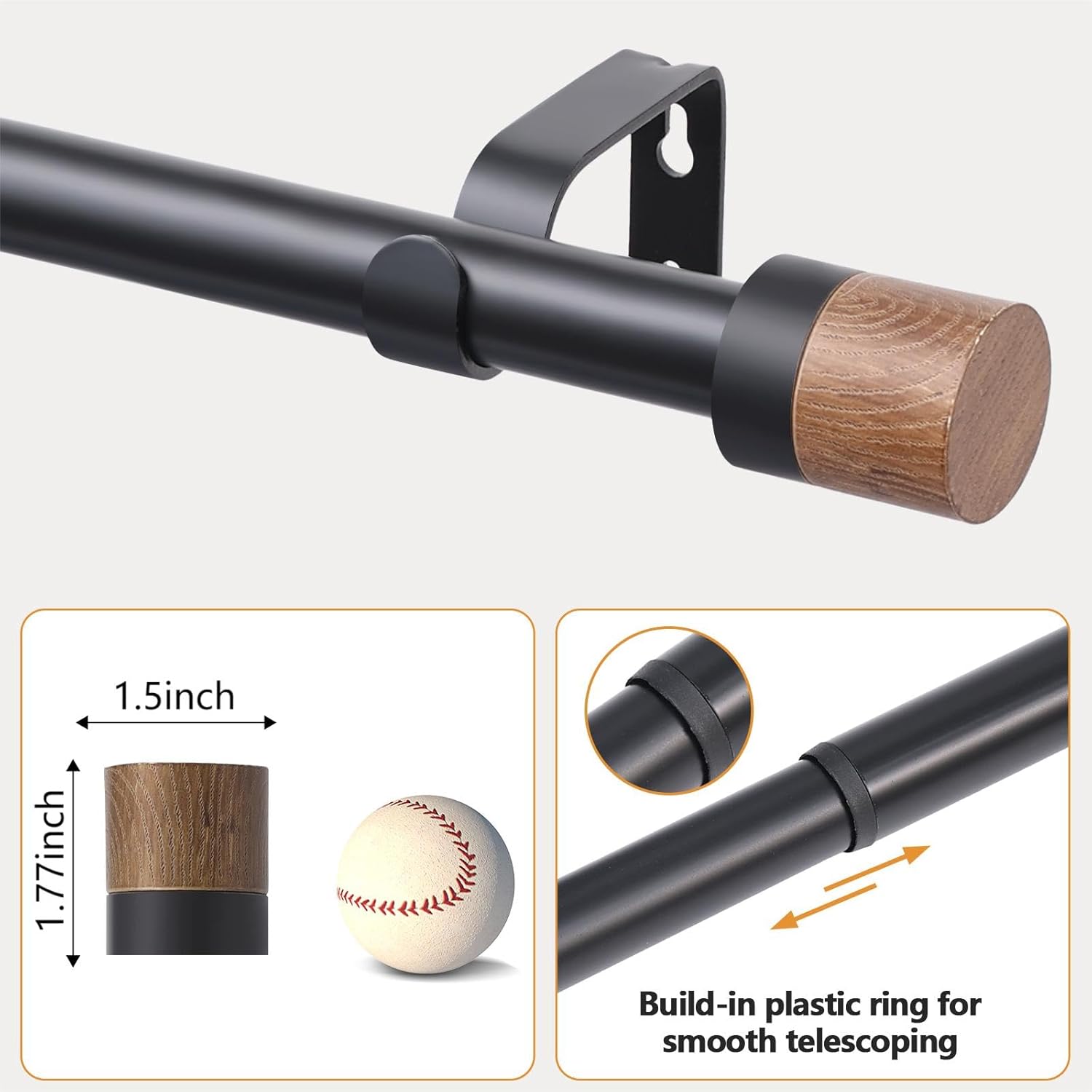 QITERI 1 Inch Adjustable Wood Curtain Rods 32-84 Inches